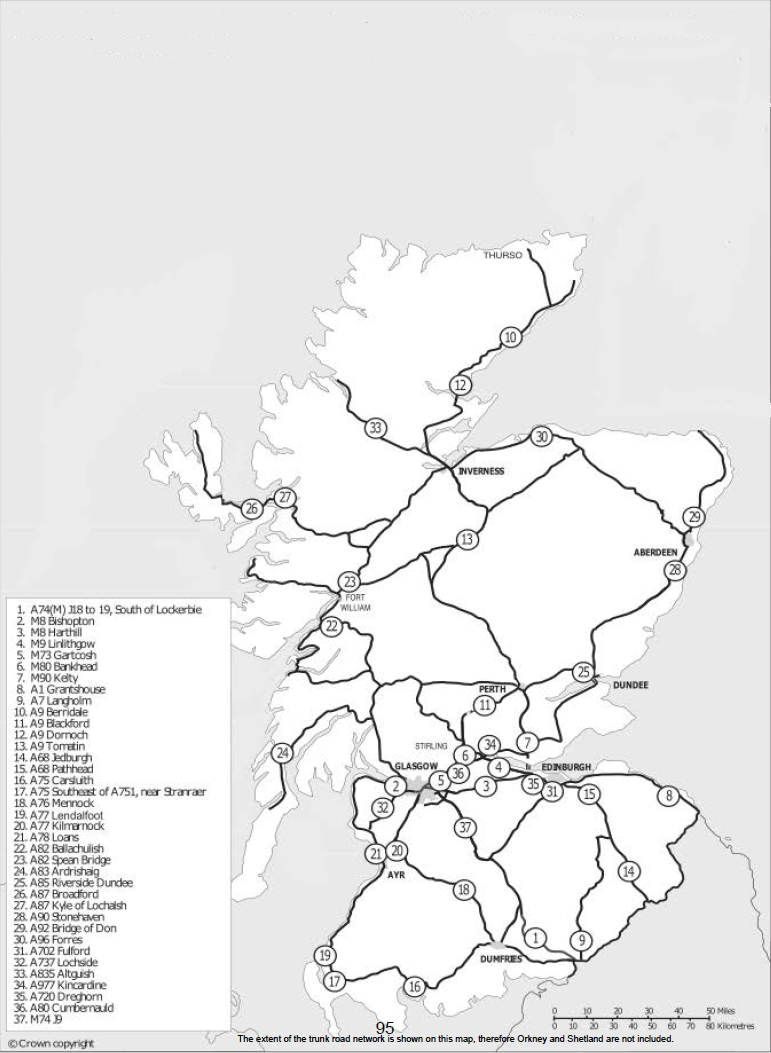 Figure 5.2:	Selected points to show average daily traffic flows, peak hourly flows and percentages of HGVs.