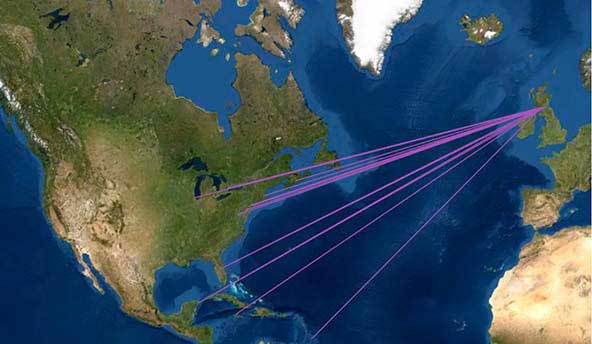 Map showing routes from Scotland to North and Central America

A few routes, many to East Coast destinations