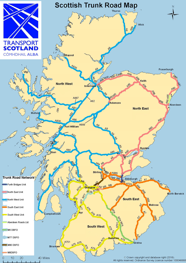 A map of Scotland showing the trunk road network