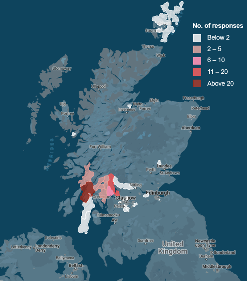 Figure 3 Number of responses by postcode area, as described in text above