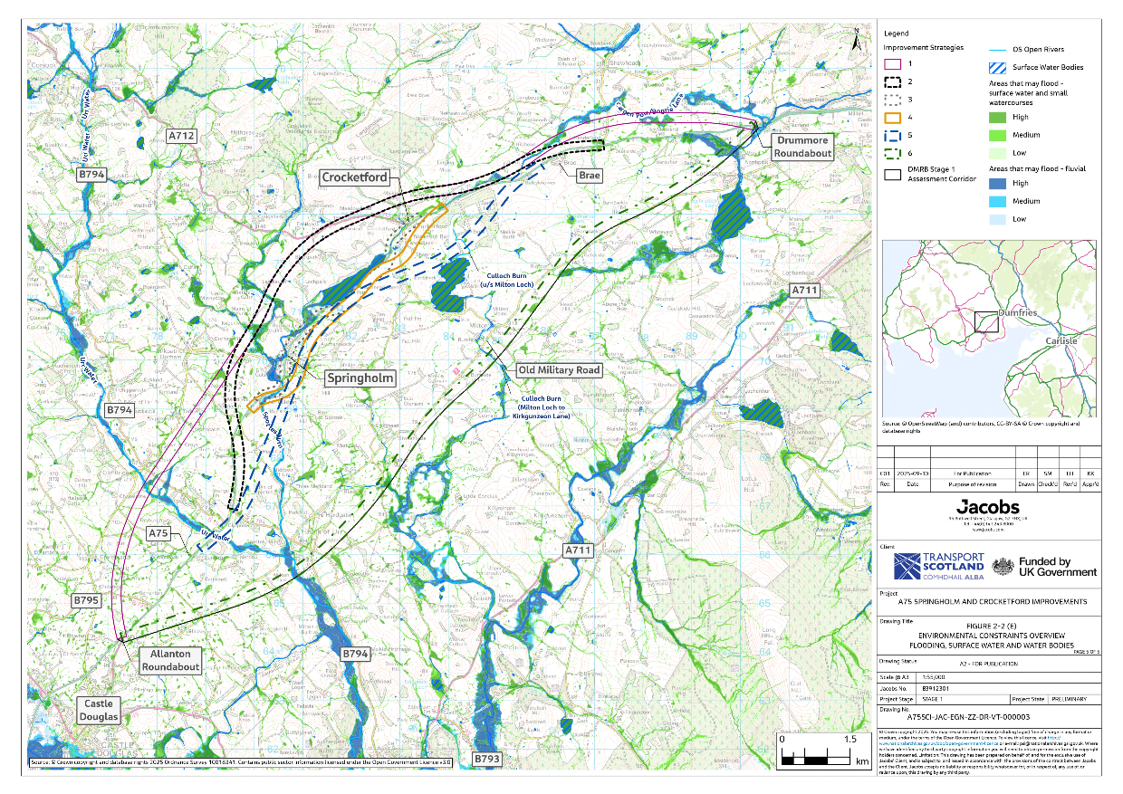 A figure showing the flooding, surface water and waterbodies in relation to the six improvement strategies and the DMRB Stage 1 Assessment Corridor.