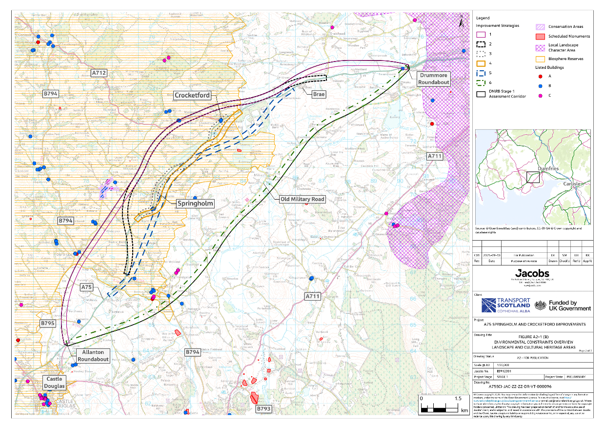 A figure showing the landscape and cultural heritage areas within the assessment corridor. It shows conservation areas, scheduled monuments, the local landscape character area, biosphere reserves and listed buildings. The improvement strategies are also shown to give context on the potential interactions with these.
