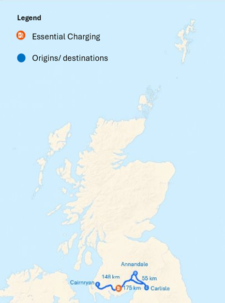 Map of Essential And Additional Charging On The Carlisle Cairnryan HGV Route.