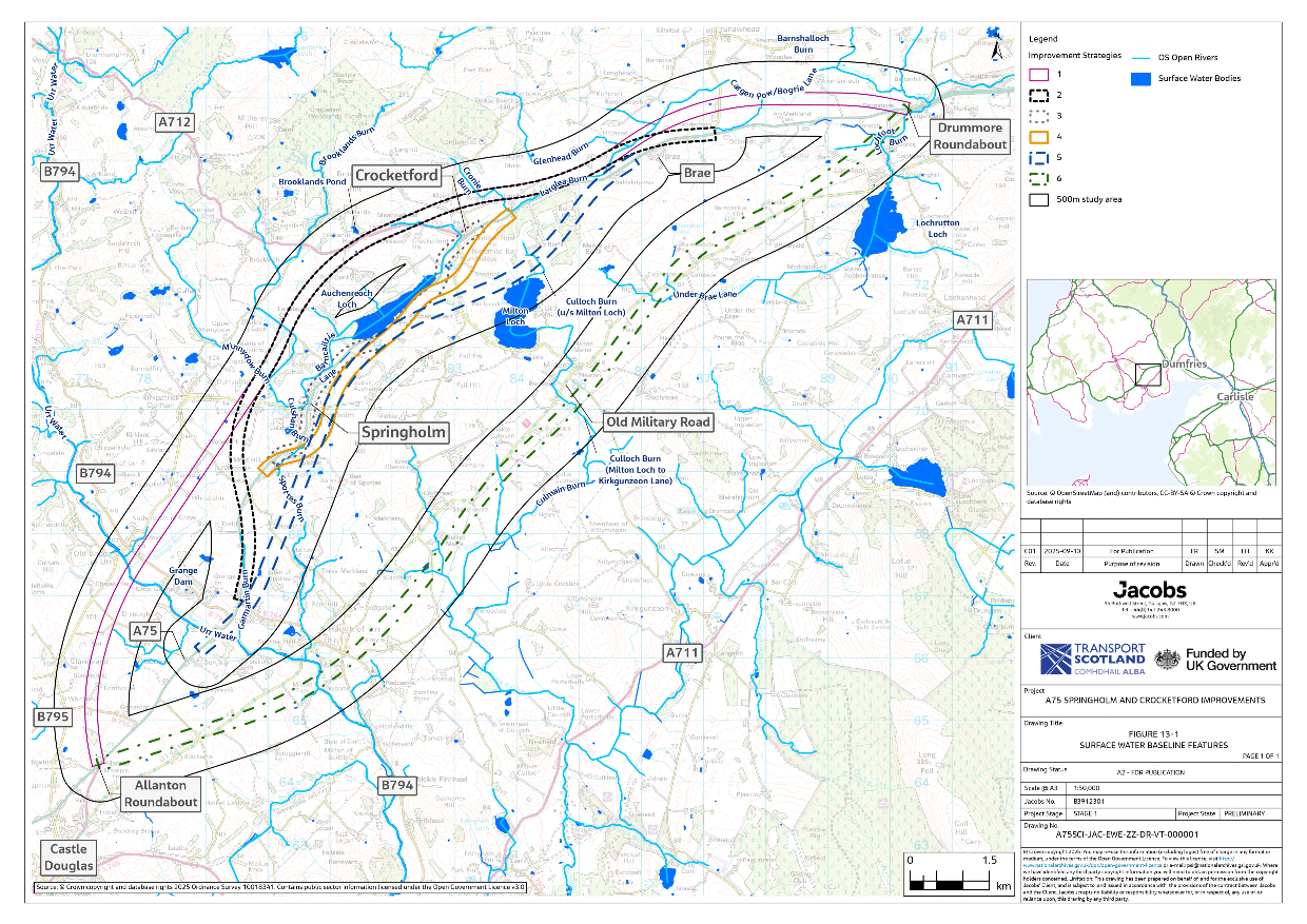 A figure showing surface water features within 500m study area around the six improvement strategies.