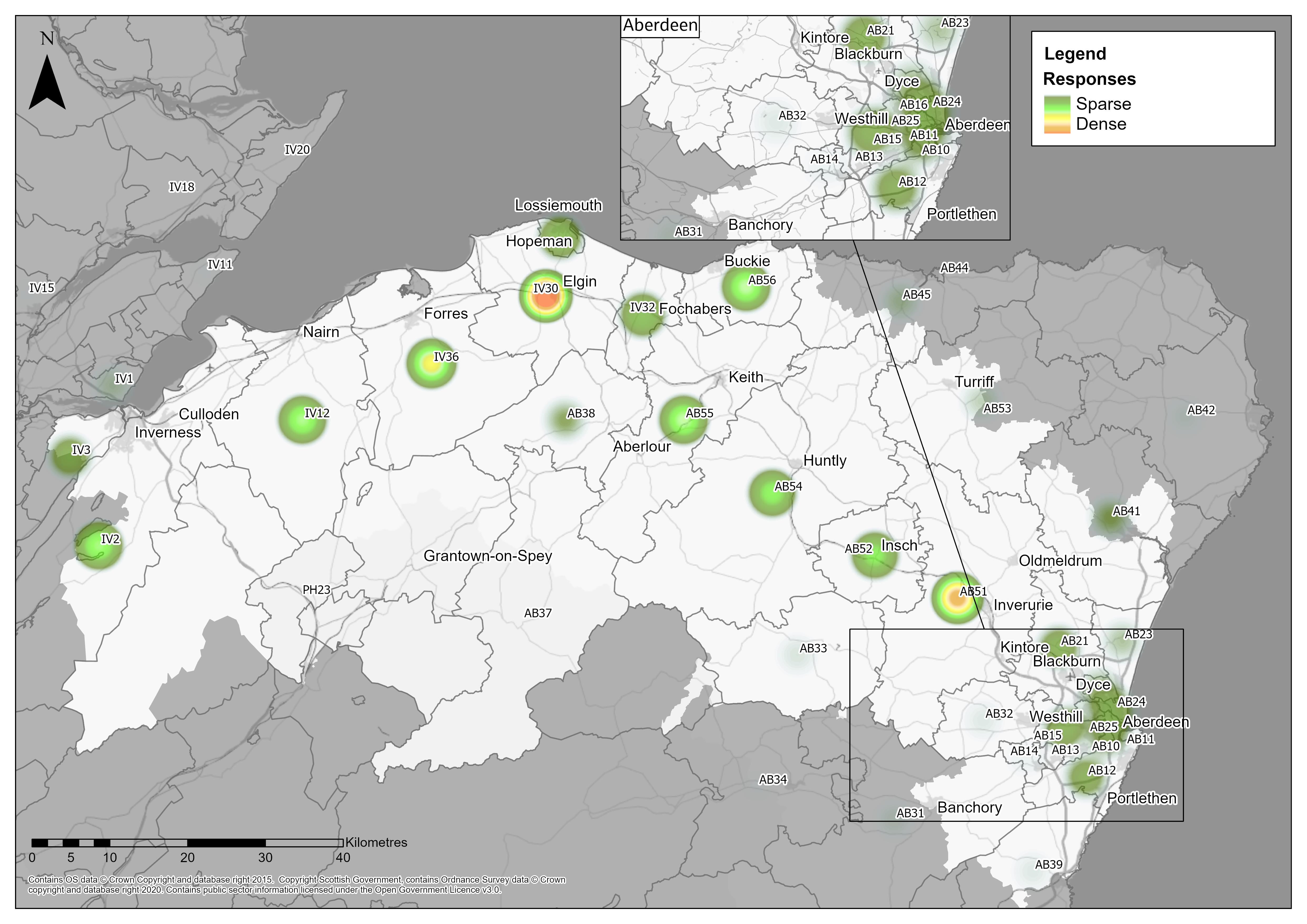 Map showing the location of online feedback respondents. The areas with the highest concentration were Elgin and Inverurie.