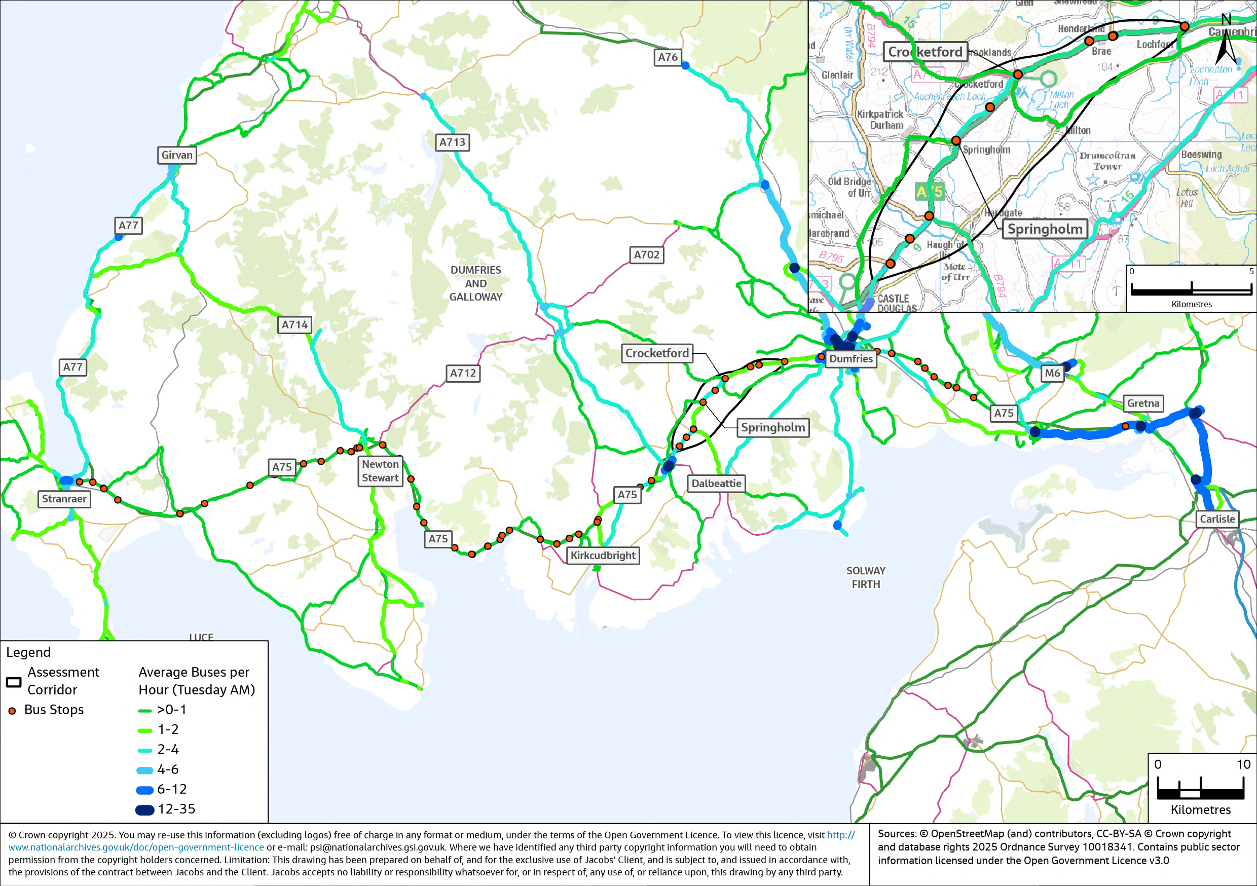 A map presenting bus stops and the average frequency of bus services per hour on a Tuesday morning along the A75 and throughout the region from information collated in May 2025. The map shows a greater frequency of buses in and around Dumfries but generally fewer services to the west of Dumfries, particularly on the A75. 