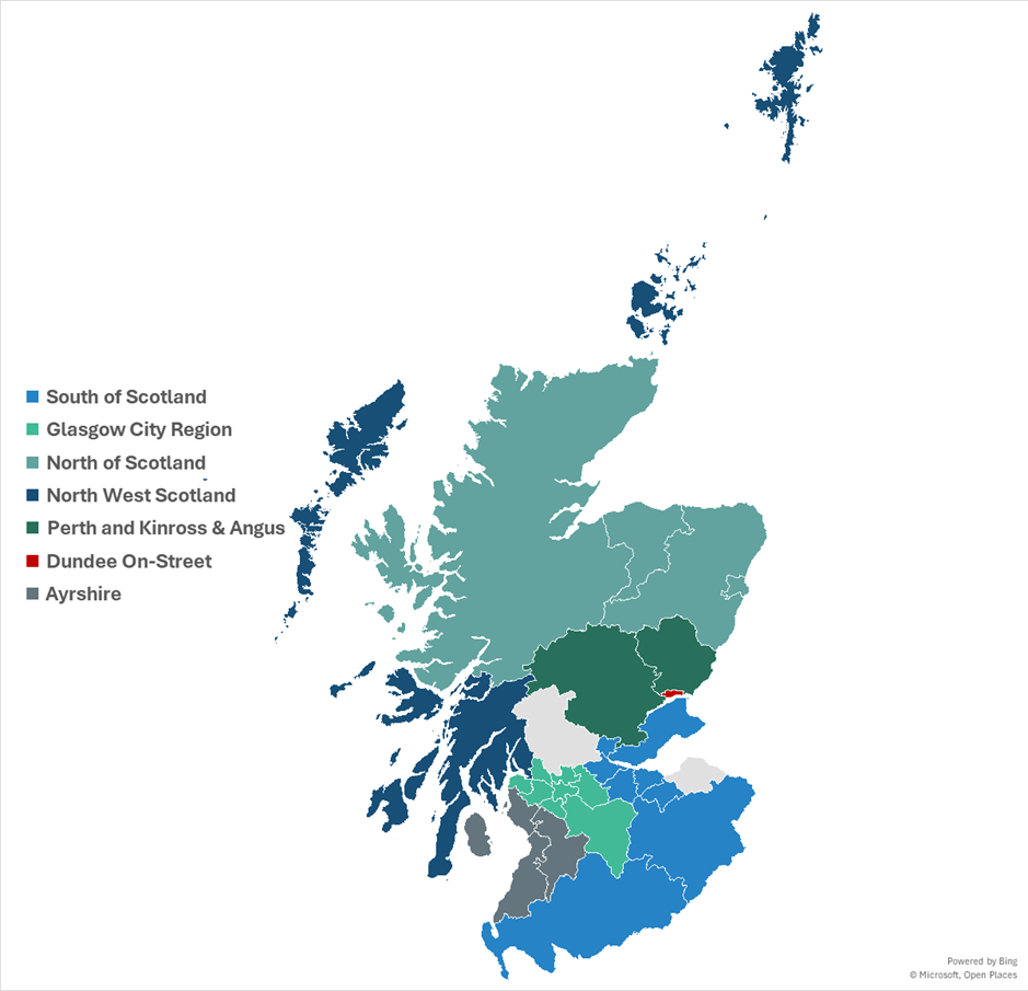 Map of Scotland, showing boundaries for the local authorities listed above