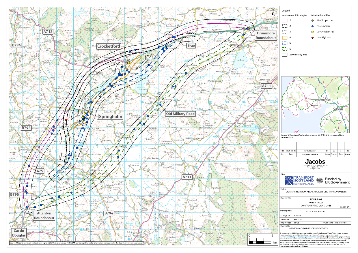 A figure showing the potentially contaminated sites and their associated risk level for the 250 m study area around the six improvement strategies