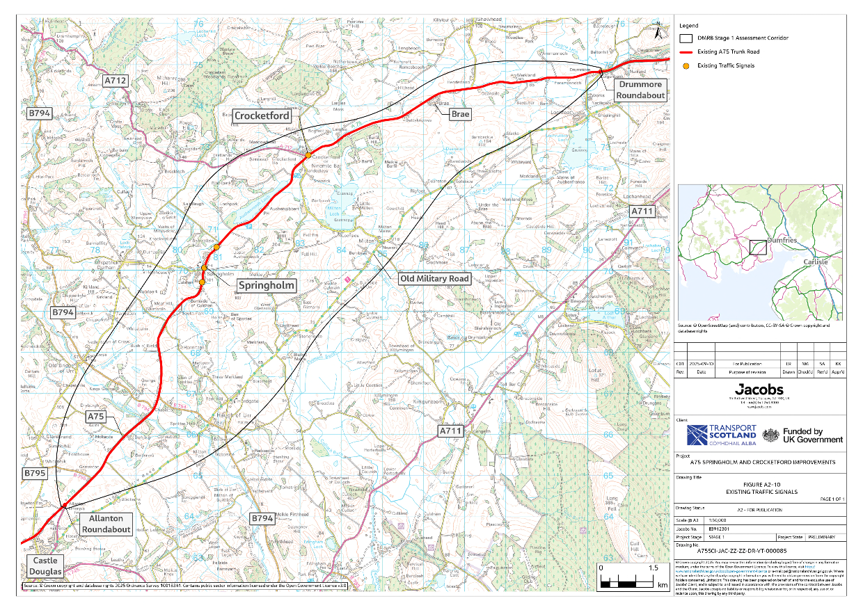 A figure showing existing traffic signals along the A75 within the assessment corridor. There are a total of four signals. 