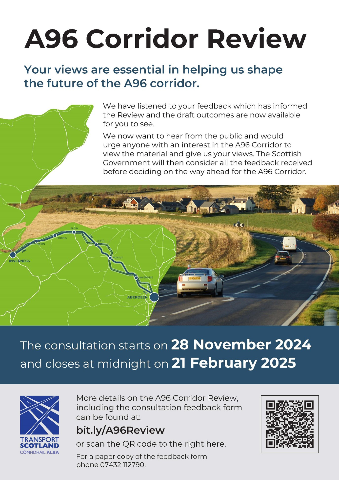 There is an image on the poster of two cars and a van driving on the A96 overlaid with a map of the north-east of Scotland, the Transport Scotland logo and a qr code which linked to the project StoryMap
