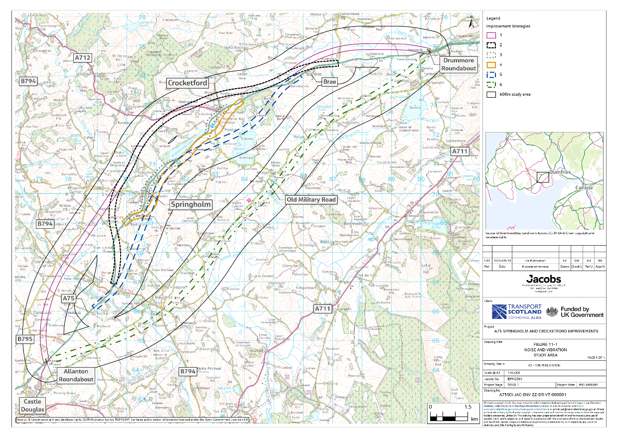 A figure showing the Noise and Vibration 600m study area around the six improvement strategies. 