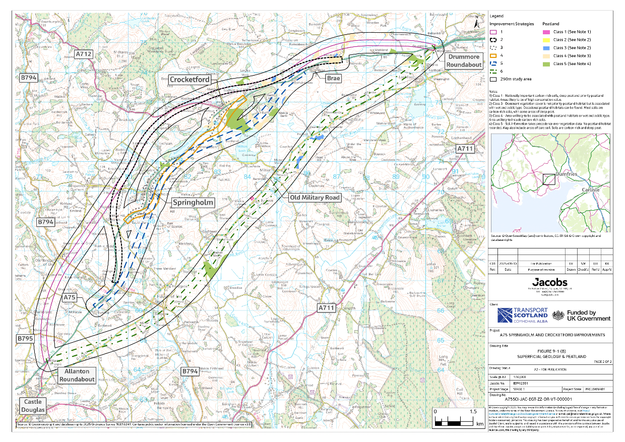 A figure showing the peatland classifications for the 250 m study area around the six improvement strategies