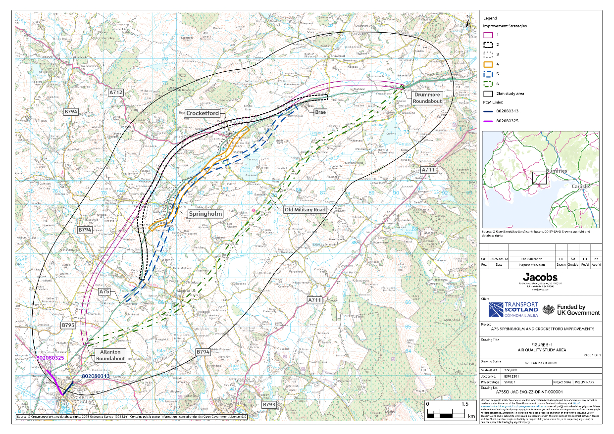 A figure showing the six improvement strategies and the study area for the air quality assessment, based on a 2km buffer of the DMRB Stage 1 Assessment Corridor. The study area has been established in the absence of traffic data and based on professional judgement. The study area includes land within the areas administered by Dumfries and Galloway Council as shown in Figure 5-1.