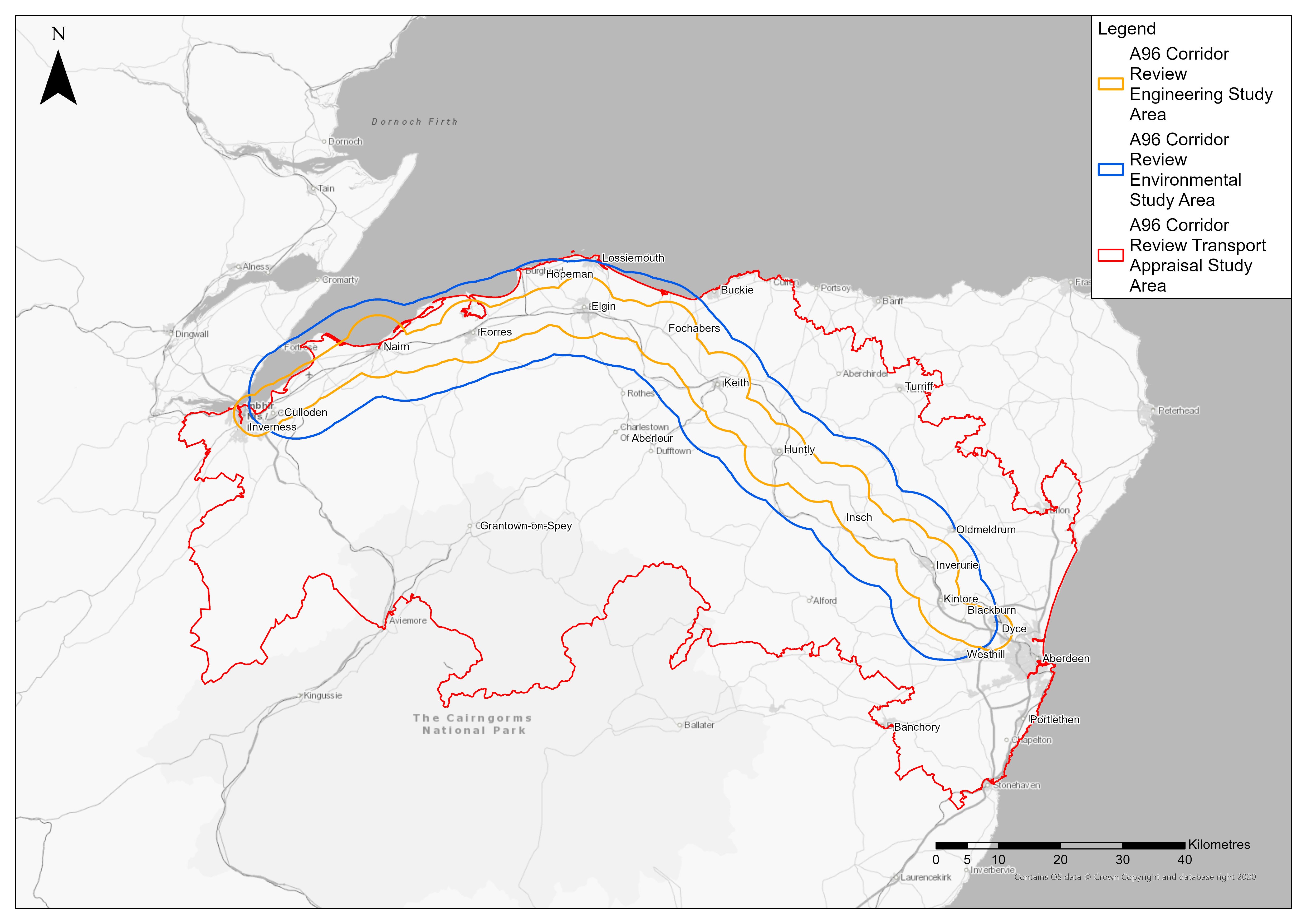 A map which shows the A96 Corridor Review Study Area, which covers the area described in the main text. The map shows the study areas for the Engineering, Environmental and Transport Appraisal assessments.