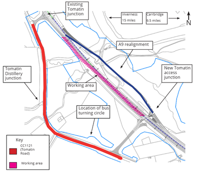 Map showing the planned realignment running to the East side of the A9.