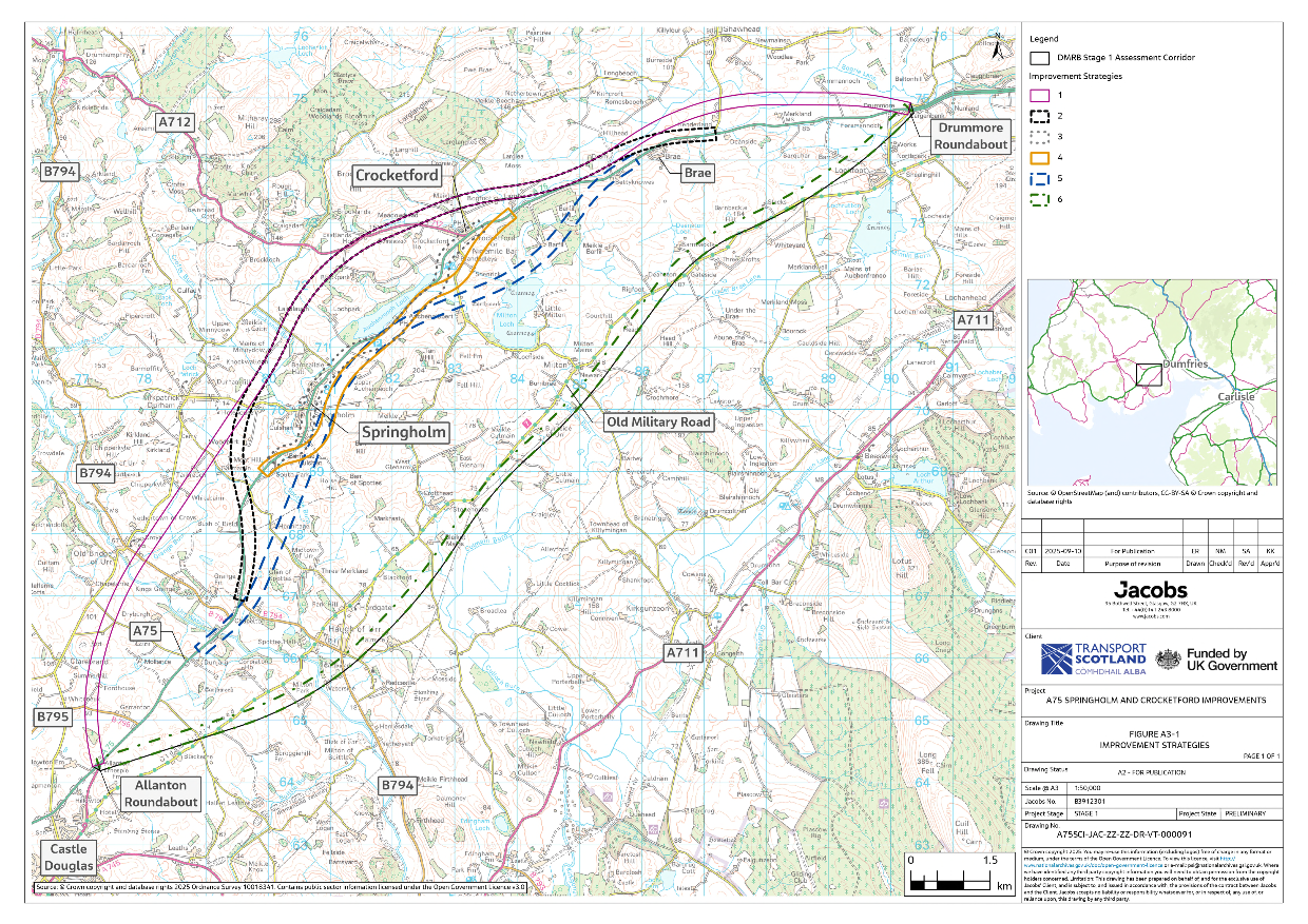 A figure showing the six proposed improvement strategies proposed at DMRB Stage 1. These all lie within the assessment corridor. 