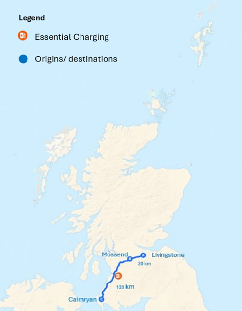 Map of Essential And Additional Charging On The Livingston Cairnryan HGV Route.