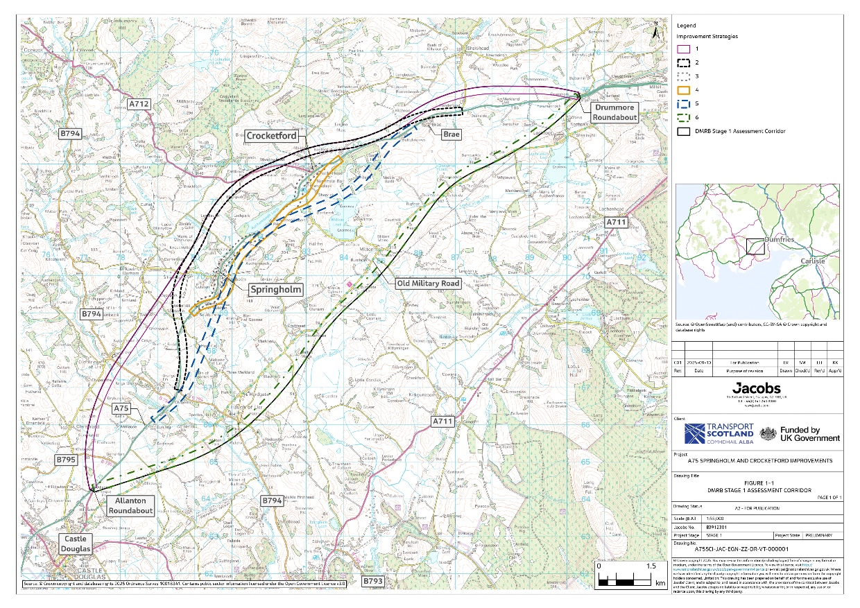 A figure showing the six improvement strategies and the DMRB Stage 1 Assessment Corridor