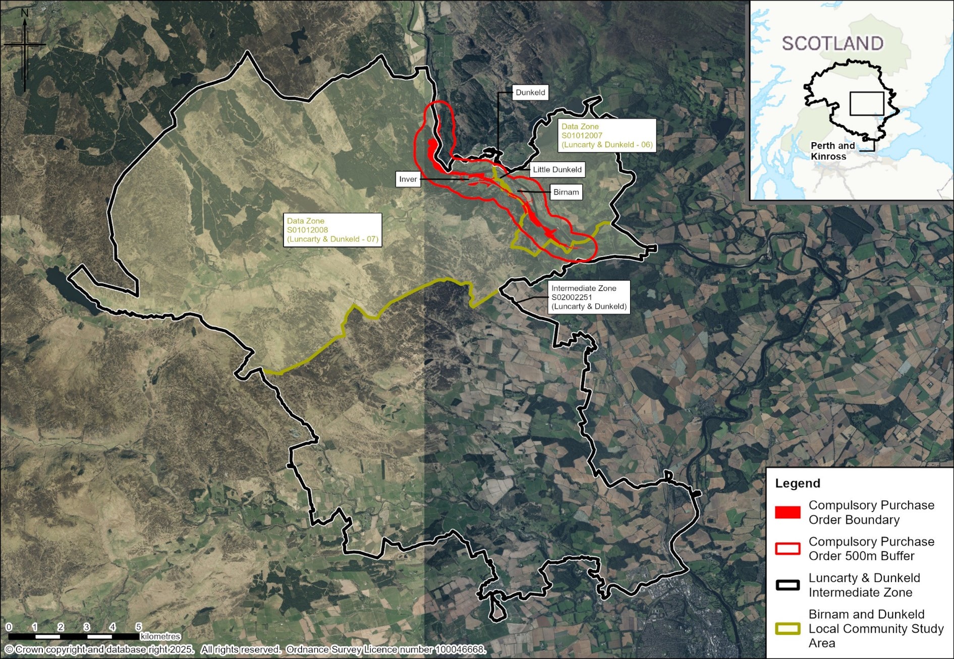A map of the study area using satellite imagery and showing the compulsory purchase order boundary, a 500 metre buffer around the compulsory purchase order boundary, the two data zones (S01012007 and S01012008) that make up the Luncarty &amp; Dunkeld intermediate zones (also shown). The communities of Dunkeld, Little Dunkeld, Birnam and Inver are labelled on the map.
