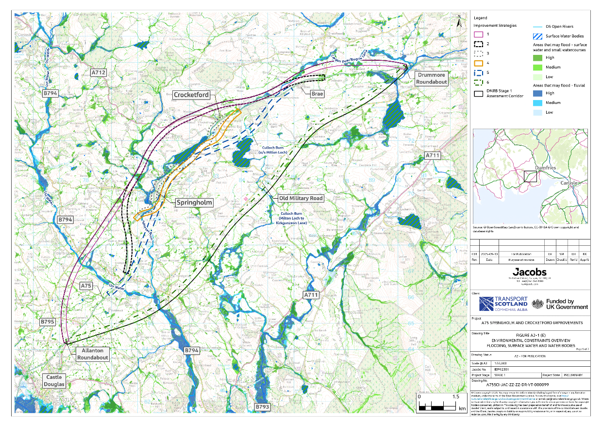 A map illustrating areas of flooding, surface water and water bodies within the assessment corridor. It shows locations of OS open rivers, surface water bodies and areas which may flood due to surface water and small watercourses and areas which may flood from fluvial sources. The improvement strategies are also shown to give context on the potential interactions with these.