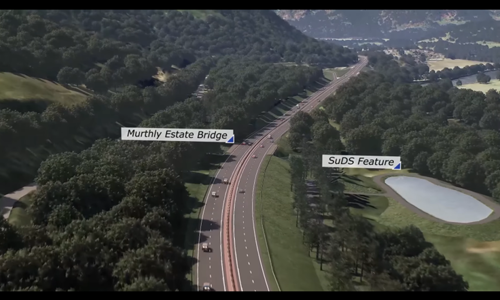 Animated road with annotations showing Murthly Estate Bridge and SuDS Feature
