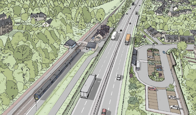 Artist&#x27;s impression of an aerial view of Dunkeld &amp; Birnam Station and replacement car park