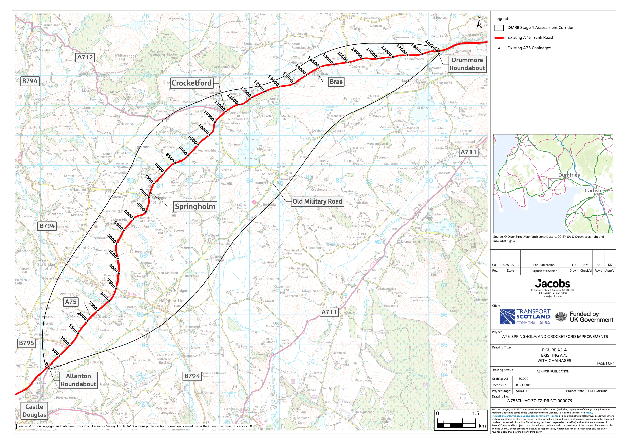 A figure showing chainages along the existing A75 within the assessment corridor. These are used as markers to assist with locations within the DMRB Stage 1 Report. Chainage zero starts at Allanton roundabout and chainage 18500 finishes at Drummore roundabout. 