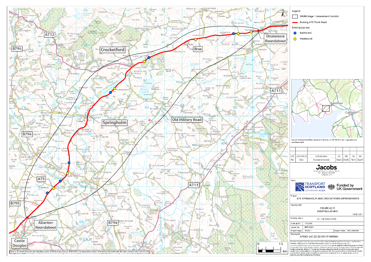 A figure showing layby provision along the A75 within the assessment corridor. A total of 13 laybys are shown which includes five lay-bys between the Allanton Roundabout and Springholm, two between Springholm and Crocketford, and six between Crocketford and Drummore Roundabout.
