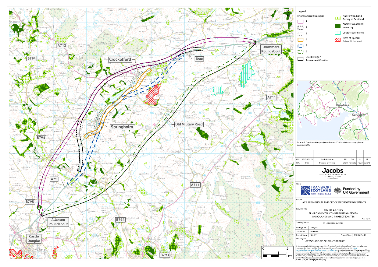 A figure showing woodlands and protected sites within the assessment corridor. It shows areas of native woodland survey of Scotland, ancient woodland inventory, local wildlife sites and sites of special scientific interest. The improvement strategies are also shown to give context on the potential interactions with these.