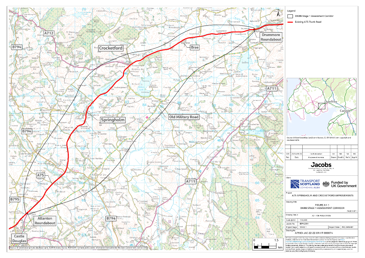 A figure showing the A75 Springholm and Crocketford Improvements assessment corridor which spans between the Drummore and Allanton Roundabouts. Castle Douglas is situated just west of the assessment corridor, and Dumfries to the east.