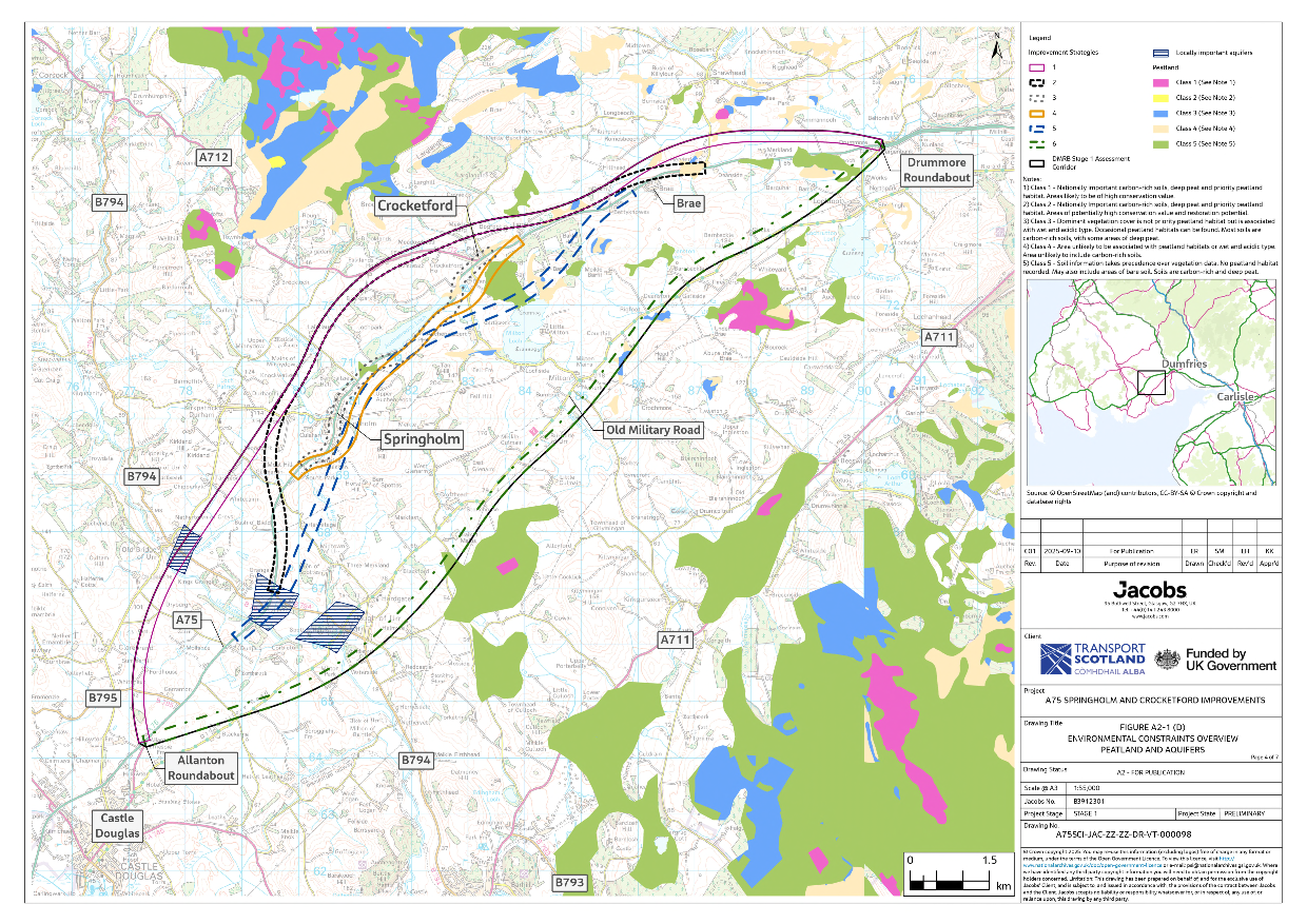 A figure showing areas of peatland and aquifers within the assessment corridor. It shows areas of locally important aquifers and peatland. The improvement strategies are also shown to give context on the potential interactions with these.