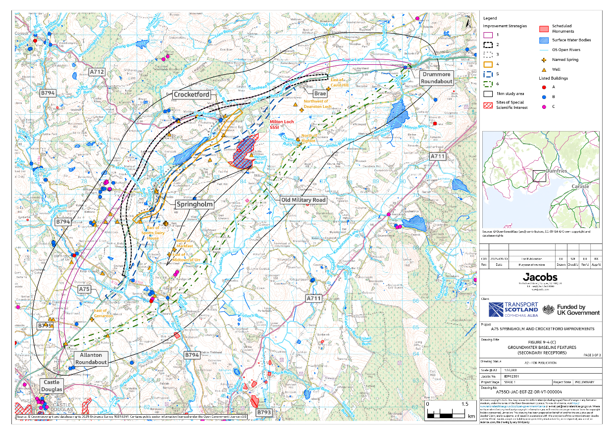 A figure showing the Sites of Special Scientific Interest, surface water bodies, watercourses, scheduled monuments, springs, wells and listed buildings within the 1 km study area around the six improvement strategies