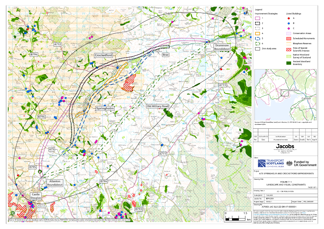 A figure showing landscape and visual constraints located within the 2km study area. These constraints include Listed Buildings, Conservation Areas, Scheduled Monuments, Biosphere Reserves, Sites of Special Scientific Interest and areas listed on the Ancient Woodland Inventory or surveyed as part of the Native Woodland Survey of Scotland.
