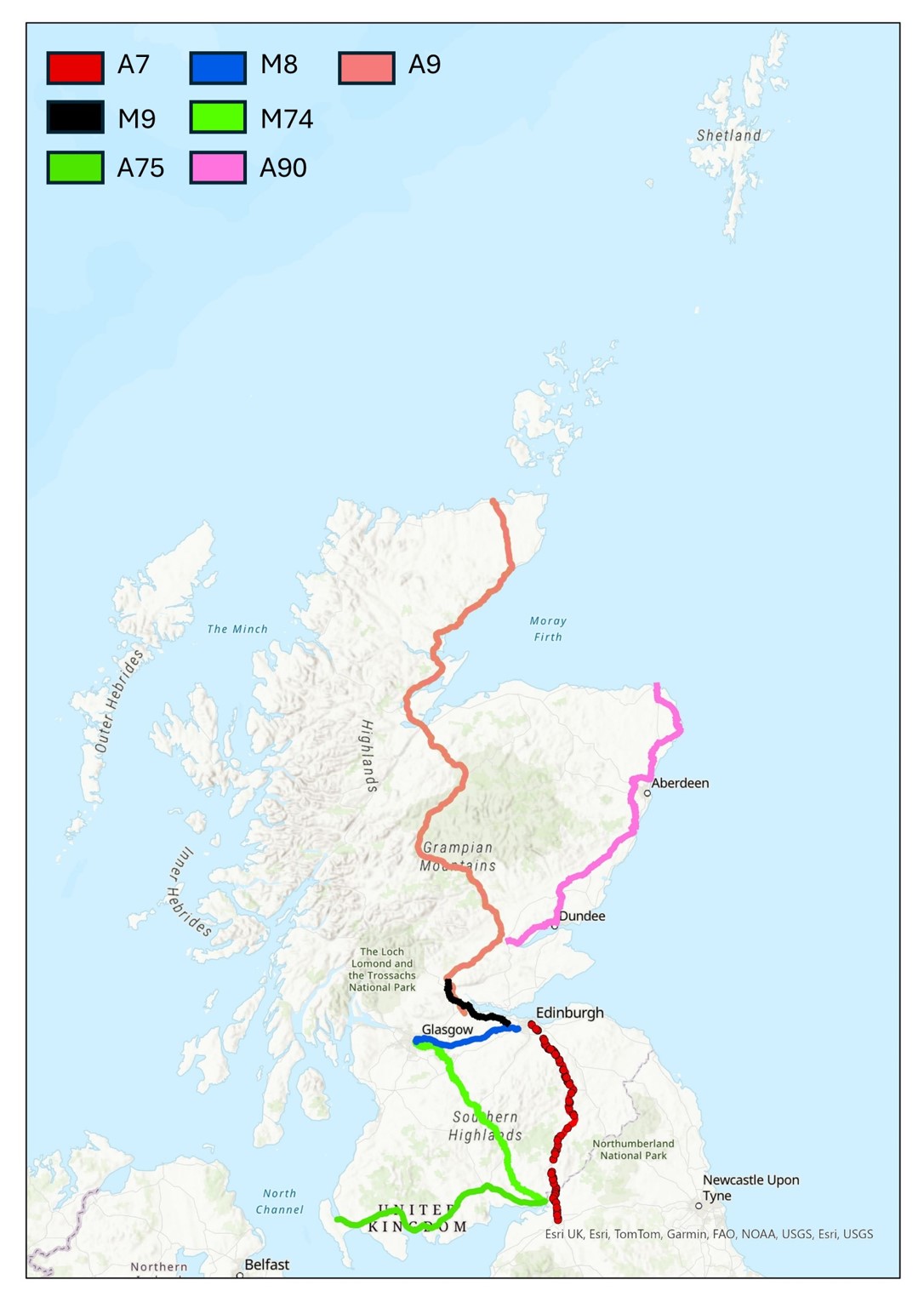 Map of Primary Freight Corridors throughout Scotland.