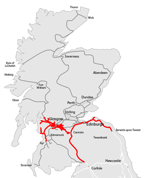A map of the rail network in Scotland in 2005 showing the electrified routes which is largely concentrated to Glasgow and eastern parts of the Lothians.