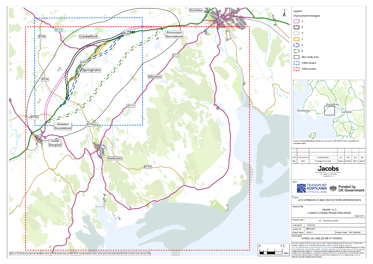 A figure showing the potential vulnerability of the proposed scheme to climate change impacts based on the UK current and future climate projections for the 25km and 12km nearest grid squares covering the study area.