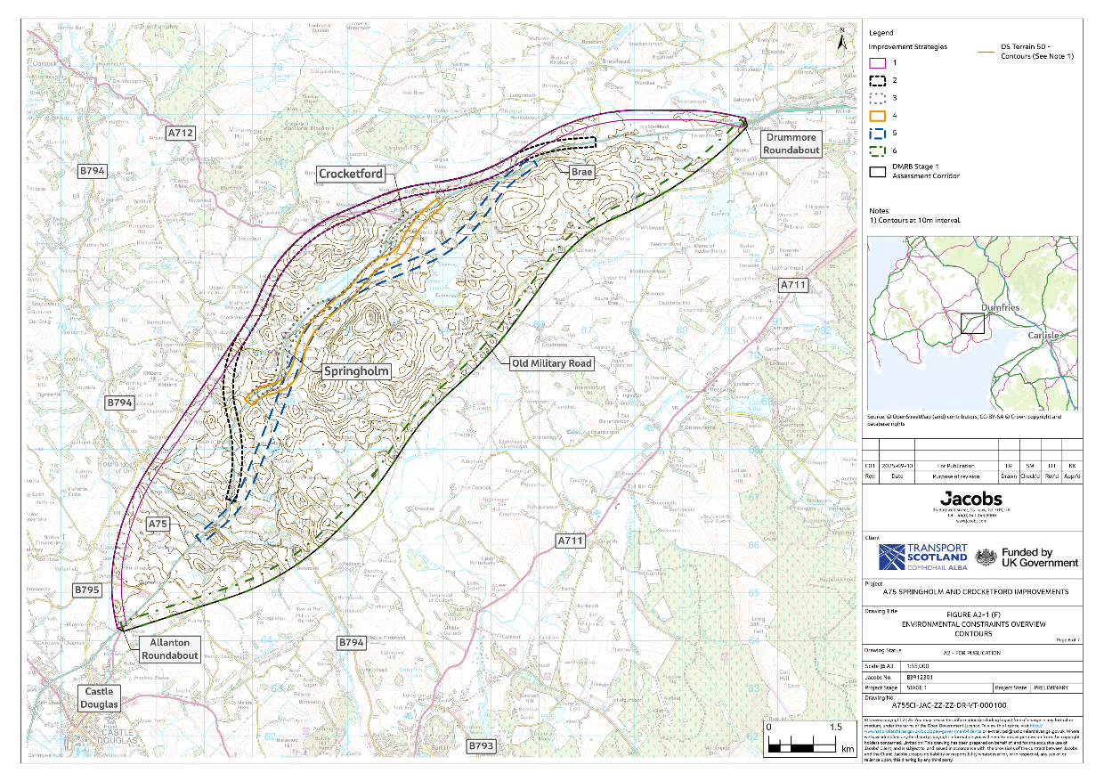 A figure showing OS Terrain contours at 10m height intervals within the assessment corridor. The improvement strategies are also shown to give context on the potential interactions with these.