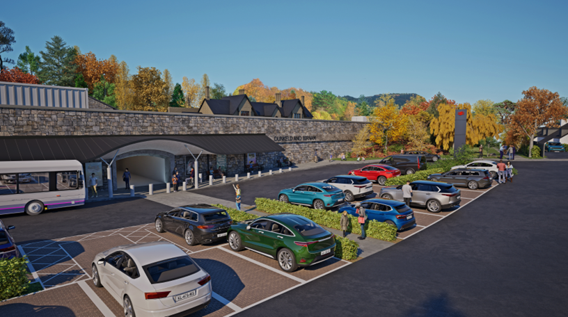 Visualisation of an elevated view of Dunkeld &amp; Birnam Station Replacement Car Park and Pedestrian Underpass