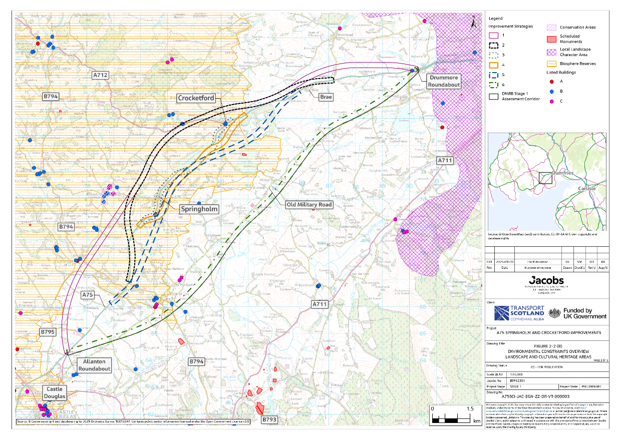 A figure showing the location of the Conservation Areas, Scheduled Monuments, Local Landscape Character Area, Biosphere Reserves and Listed Buildings in relation to the six improvement strategies and the DMRB Stage 1 Assessment Corridor.
