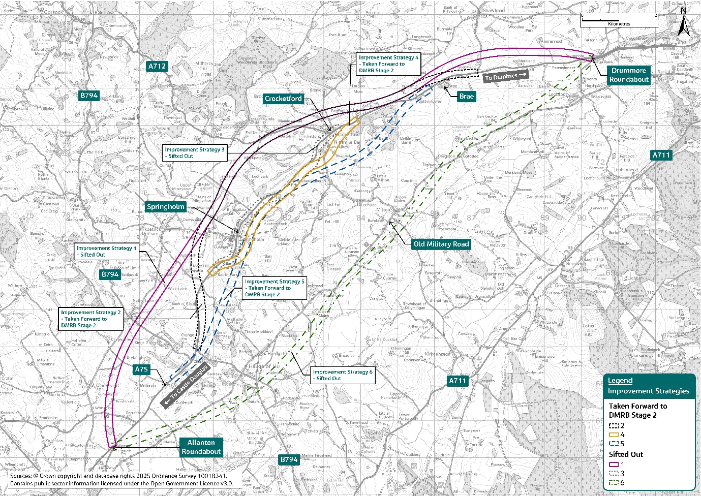 A map showing the improvement strategies. Strategies 2, 4 and 5 will be taken forward and strategies 1, 3 and 6 have been sifted out