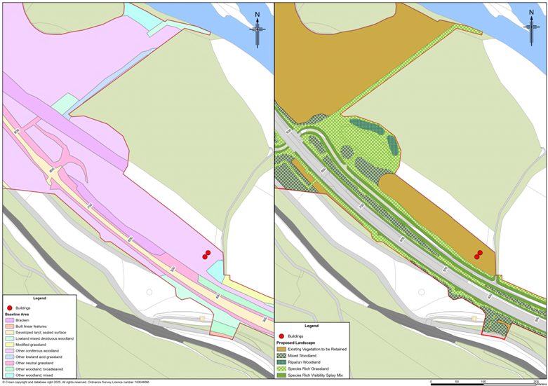 Figure 8-1: Building benefiting from noise buffering by vegetation and changes to qualifying vegetation parcel as a result of the proposed scheme, as described in the text above