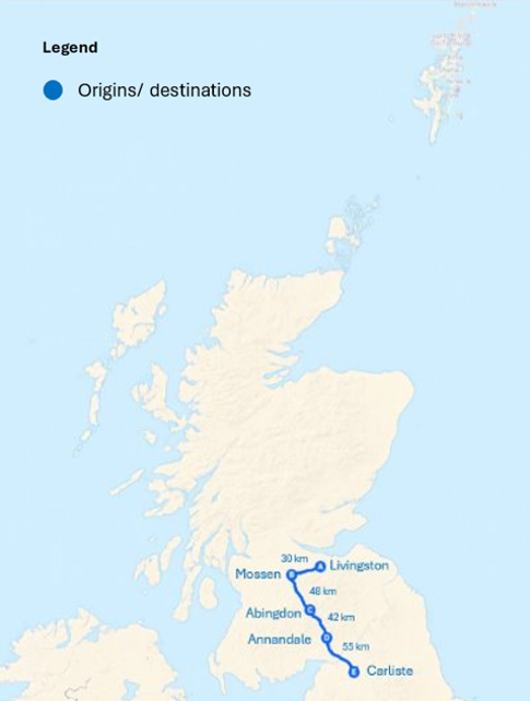 Map of Essential and additional charging on the Livingston-Carlisle HGV route.